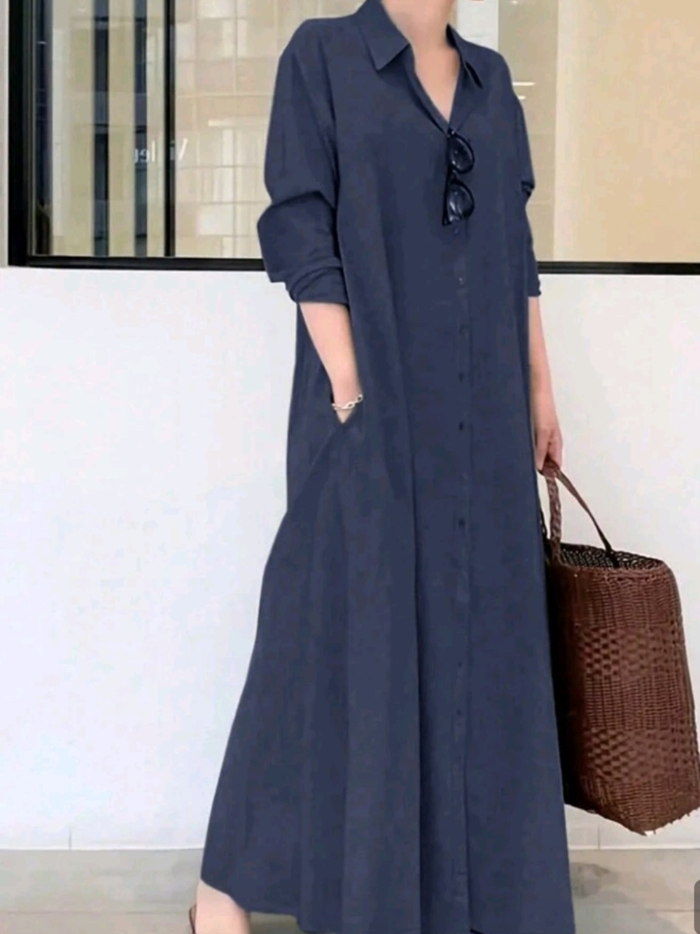 Women's Navy Button-Front Maxi Shirt Dress